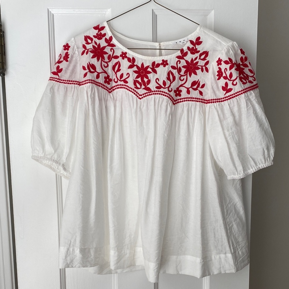 THML White Blouse with Red Floral Embroidery